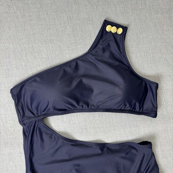 J. Crew Swimsuit Womens 20 Navy One Piece One Shoulder Cut Out Gold Button NEW - Picture 3 of 16